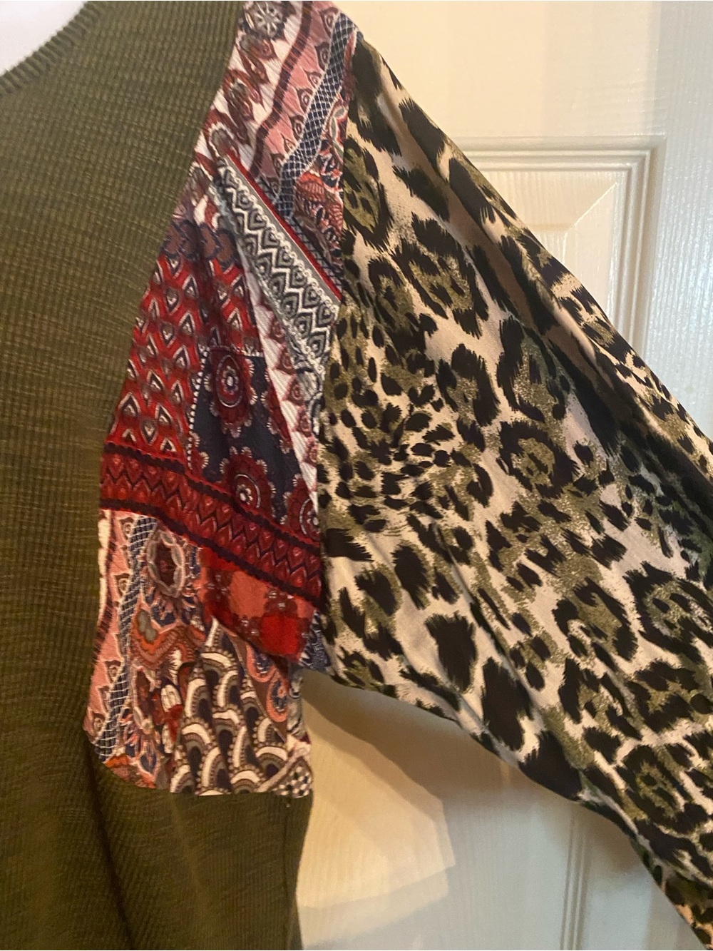 Olive Green Mixed-Print Women's Top with Leopard Sleeve Panels large - Picture 3 of 6